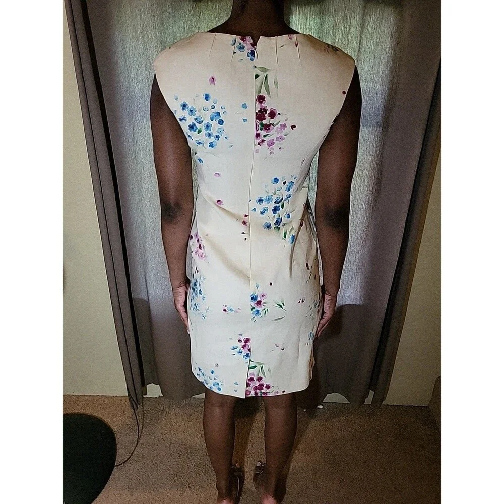 Vintage Kay Unger Dress Size 8 Linen Floral Motif Beaded Sleeveless Sheath - Picture 5 of 9